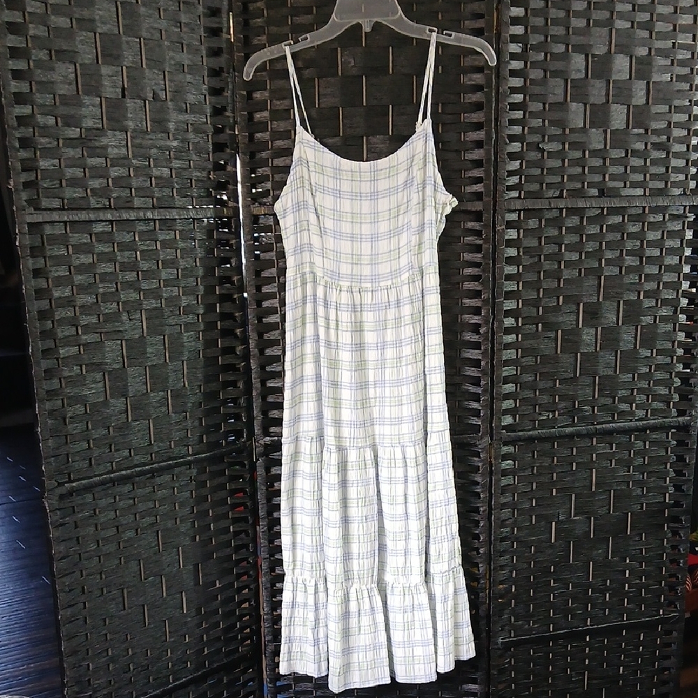 Forever 21 Tiered Light Blue Green Plaid Maxi Cami Dress  SZ S